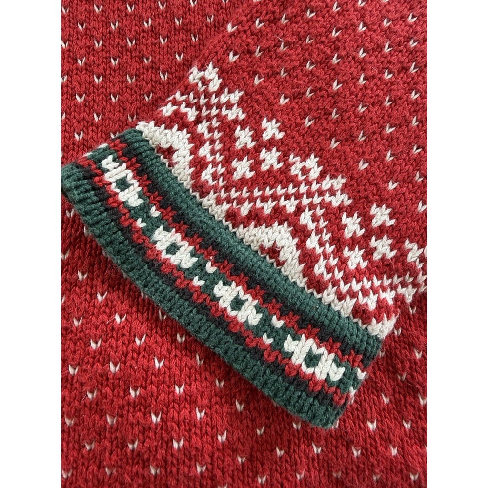 LL‎ Bean Womens Sweater L XL Red Fair Isle Nordic 1/4 Button Cotton Heavy - Picture 5 of 10